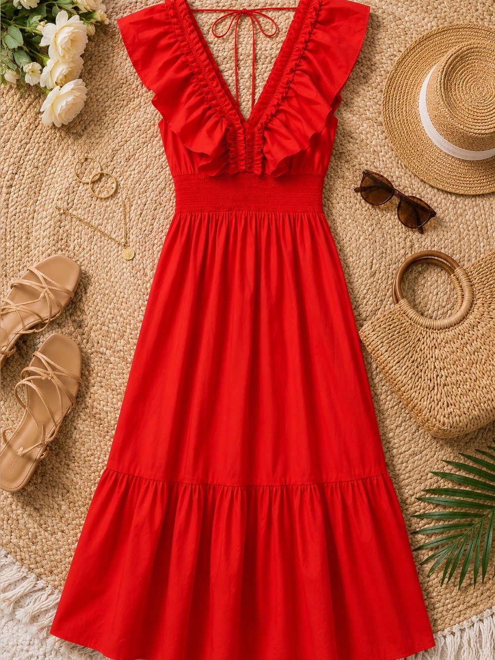 Adrianna Papell Red 100% Cotton Ruffle Midi Dress Size 6 Vacation Boho Summer